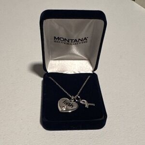 Montana Silversmiths Faith Heart Ribbon Charm Necklace Silver Cable, Engraved